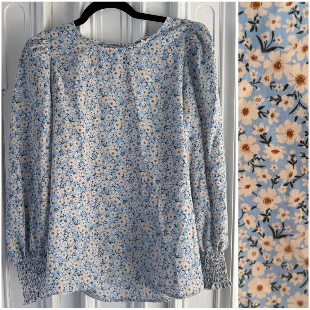 NWOT Pleione Long Sleeve Ditzy Floral Blouse Women's size Large Sky Blue White